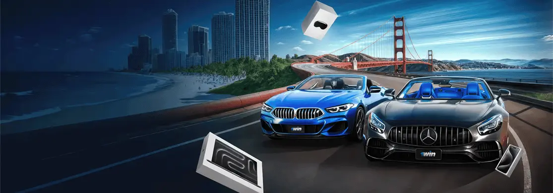 1win Lucky Drive giveaway with two convertible cars and Apple prizes